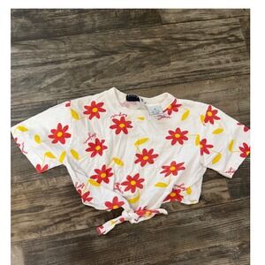 Girls bonjour vintage White Red Daisy  Front Tie Crop Top T-Shirt Size 5